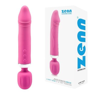 Vibrator Zenn Realistic Double Fun Pink – dvojni stimulator z realističnim vibratorjem in masažno glavo